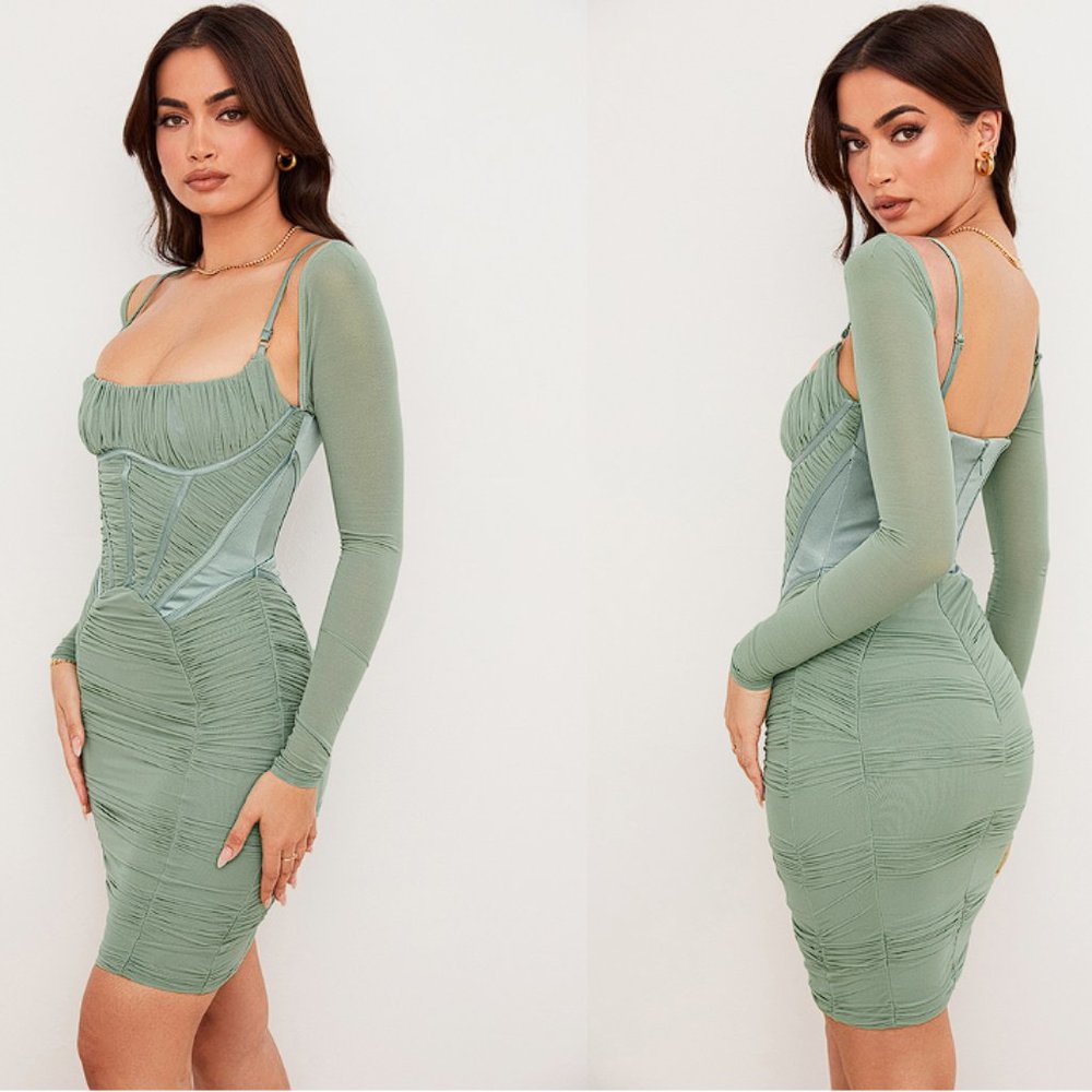 House of CB ‘Freyja’ Green Gathered Corset Midi Dress NWOT - Picture 3 of 14